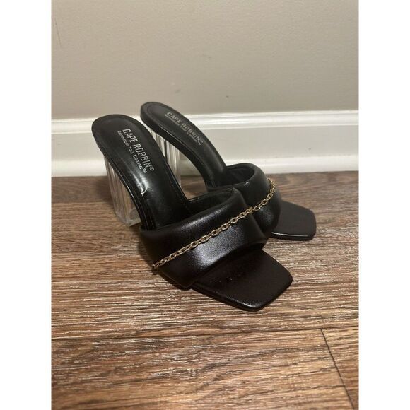 CAPE ROBBIN Cherie Gold Chain Square Lucite‎ Heeled Mule Sandals Size 8.5 Black - Picture 2 of 9